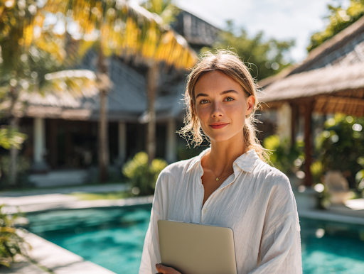 Foreign entrepreneur setting up a PT PMA in Bali with accounting documents, laptop, and tropical office background