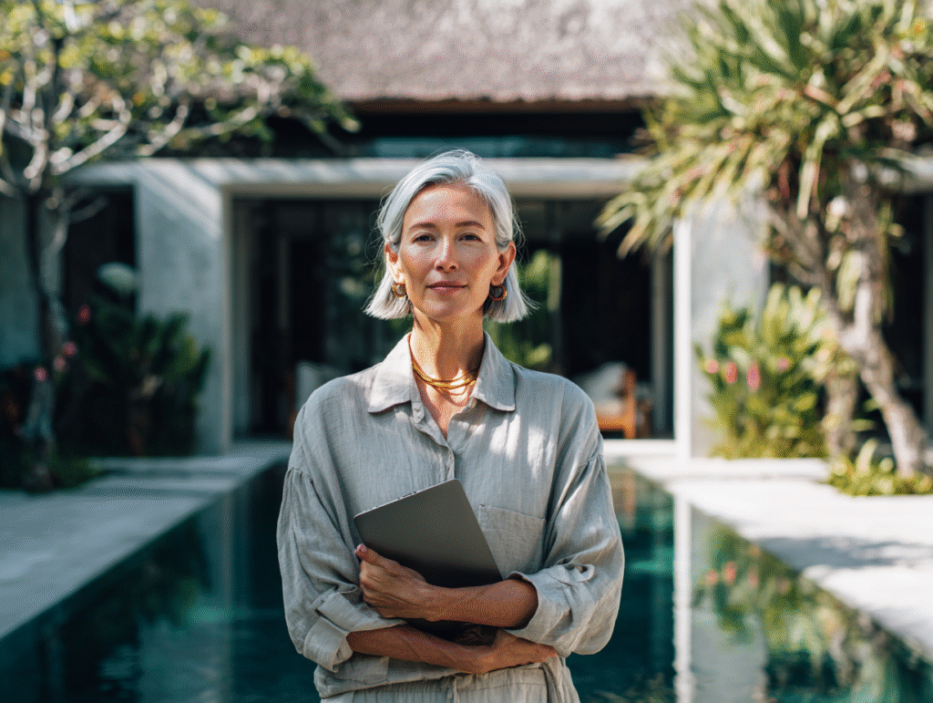 Foreign villa owner in Bali discussing accounting and management strategy with local professionals, representing complete villa management and accounting services for expats in Bali.