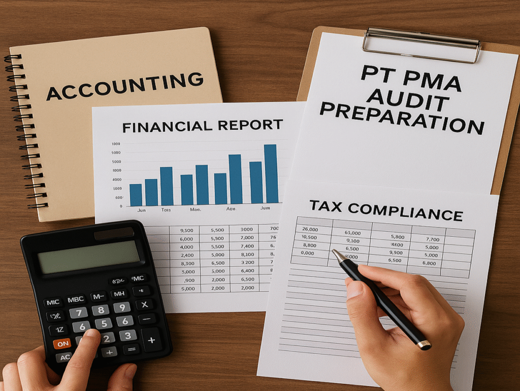 PT PMA audit preparation in Bali with financial reports, accounting books, and tax compliance documents for foreign investors