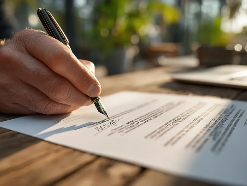 Signing a legal document with a fountain pen on a wooden desk, representing contract approval or agreement in Bali.