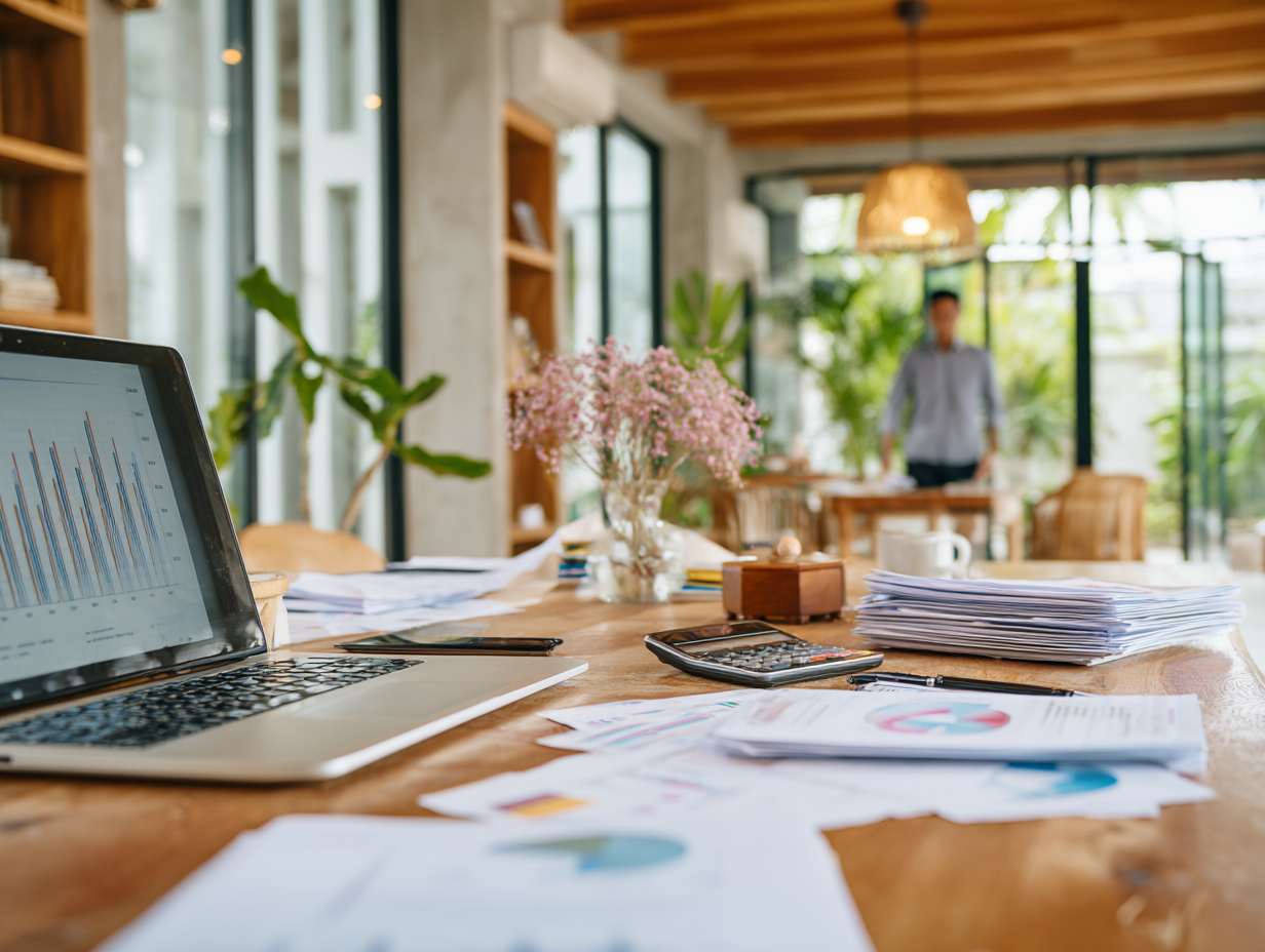 Accountant in Bali preparing financial reports and tax documents for a villa business, illustrating the importance of proper accounting and bookkeeping for expats in Indonesia.