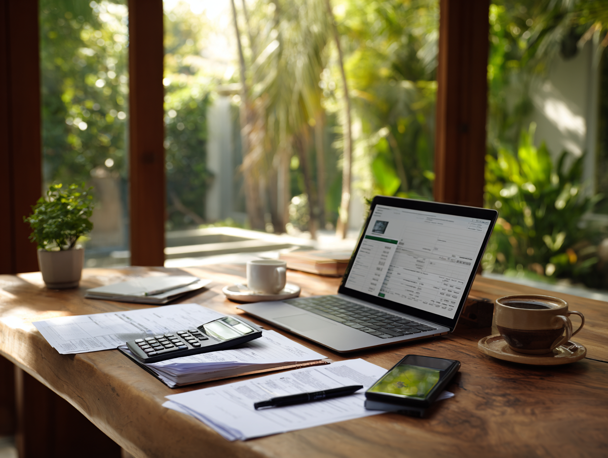 Expat entrepreneur in Bali consulting with accountant about PT PMA setup, bookkeeping services, and transparent accounting fees