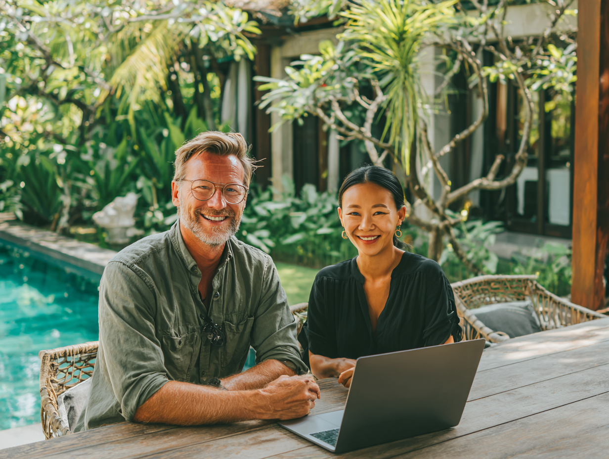 British villa owner in Canggu meeting with Bali accounting agency and villa manager, showing how professional help fixed PT PMA compliance and improved villa operations.