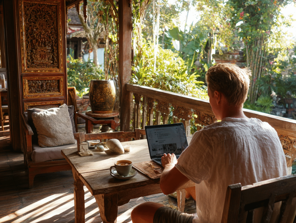 Expat enjoying Bali lifestyle with villa, café, and beach sunset, highlighting the connection between living in Bali and managing annual taxes.