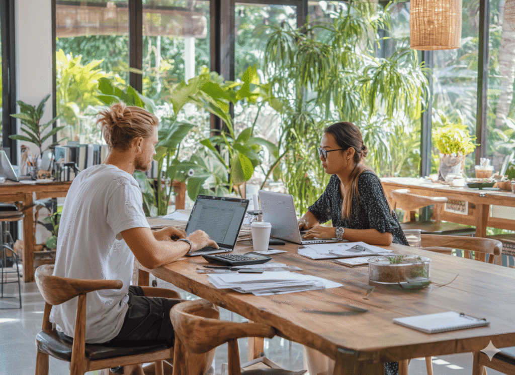 Digital nomad in Bali working on a laptop at a beachfront café with surfboards and tropical vibes, representing Bali accounting solutions for KITAS holders