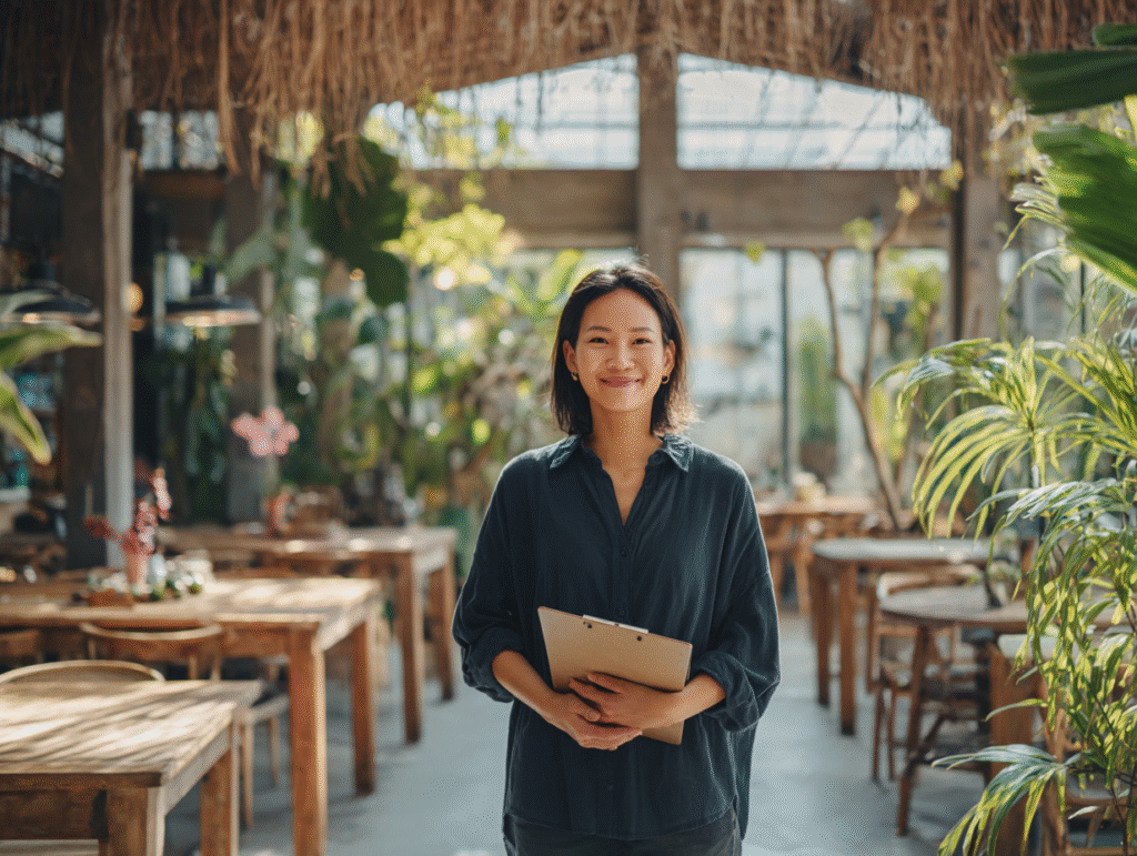Investor KITAS application process in Bali with expat entrepreneur reviewing documents and accountant preparing financial reports for tax compliance.
