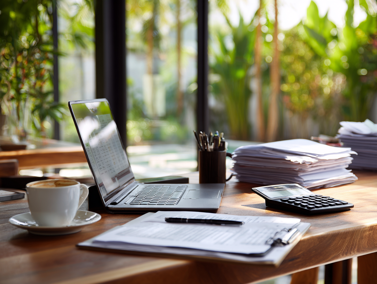 Organized accounting office in Bali with utility bills, receipts, and vendor payment documents, illustrating how Bali accounting companies manage daily business operations for villa owners.