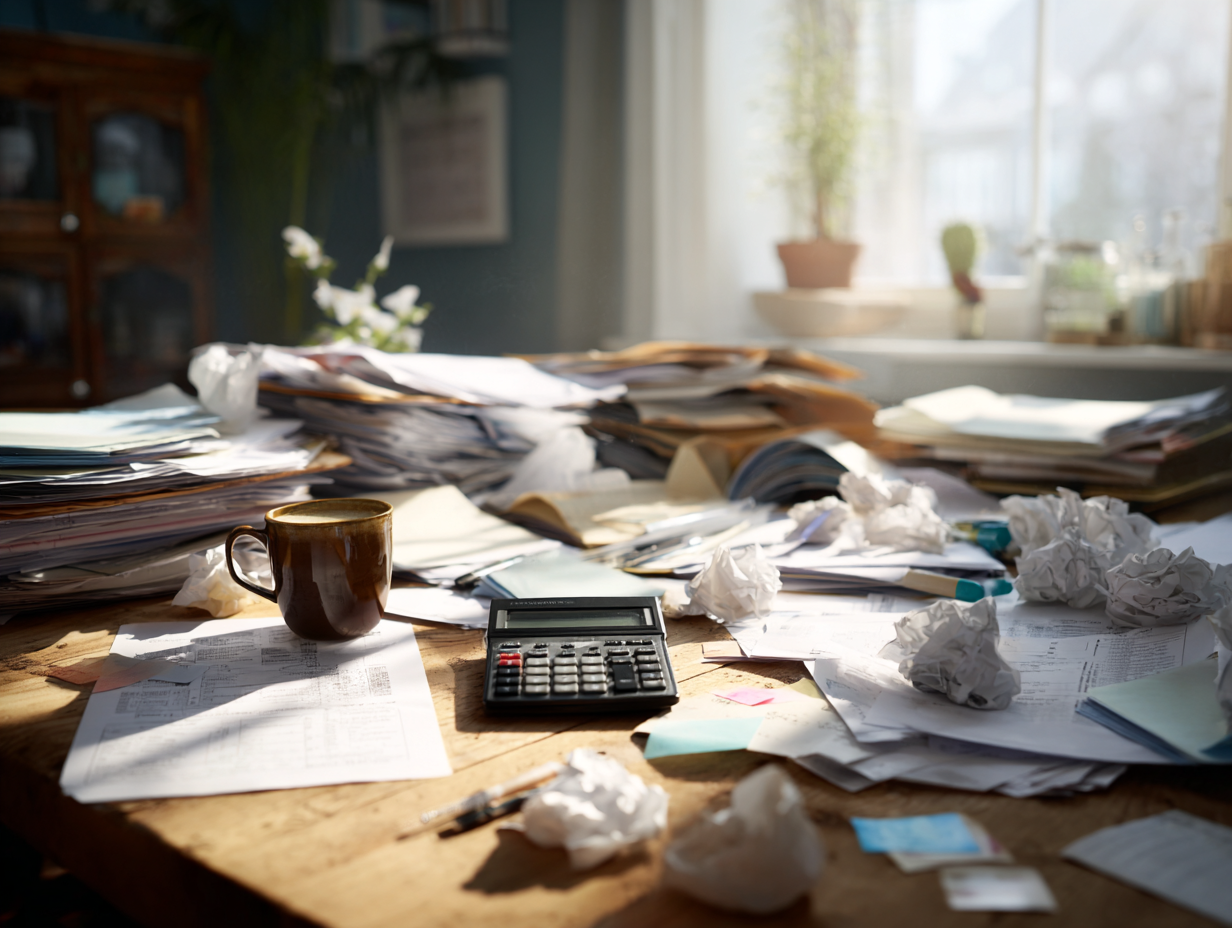 Stack of receipts, calculator, and laptop on a desk symbolizing bookkeeping challenges without professional Bali accounting services for digital nomads