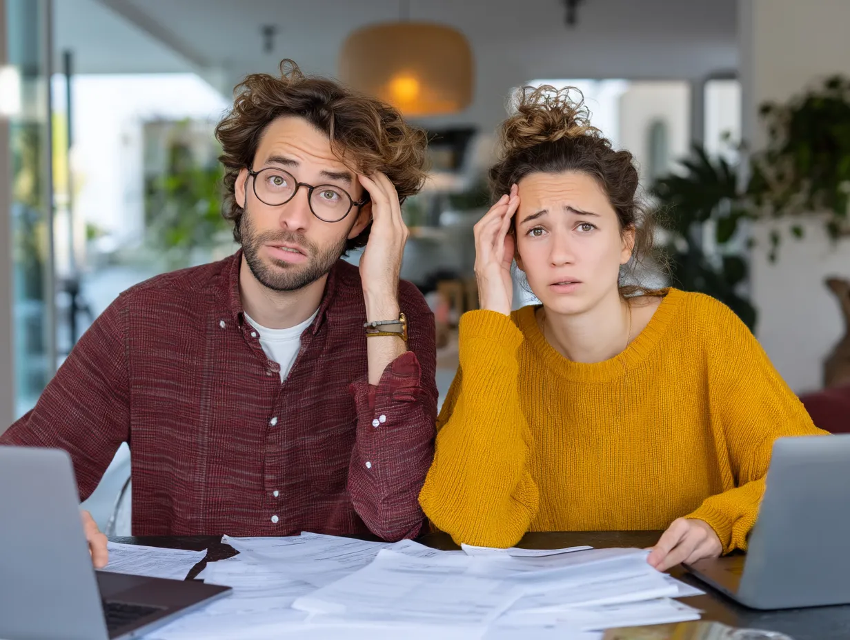 Frustrated entrepreneurs surrounded by papers and laptops, struggling with accounting and financial management before using analytics tools in Bali
