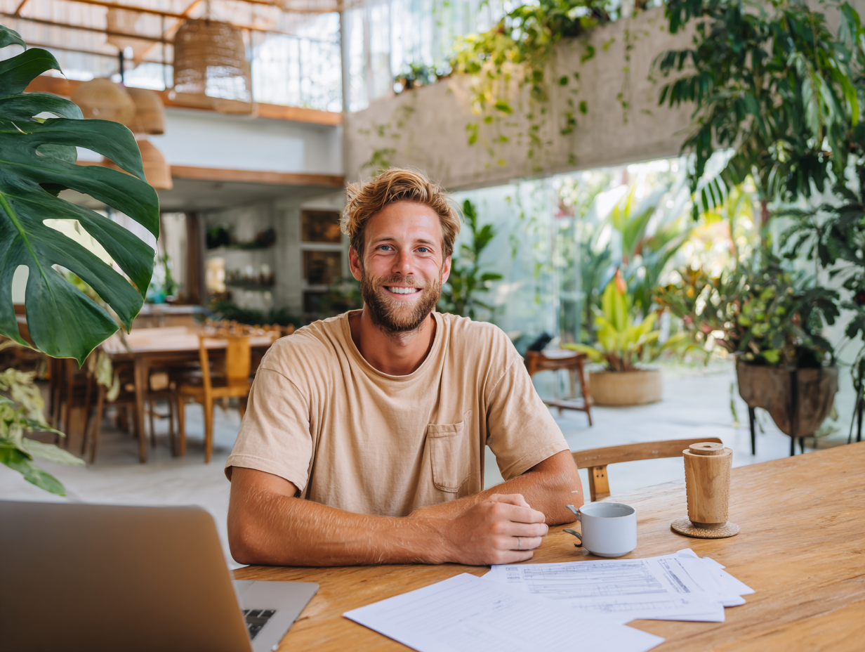 German investor meeting with outsourced accounting team in Bali, reviewing villa business tax reports to prevent KITAS renewal delays.