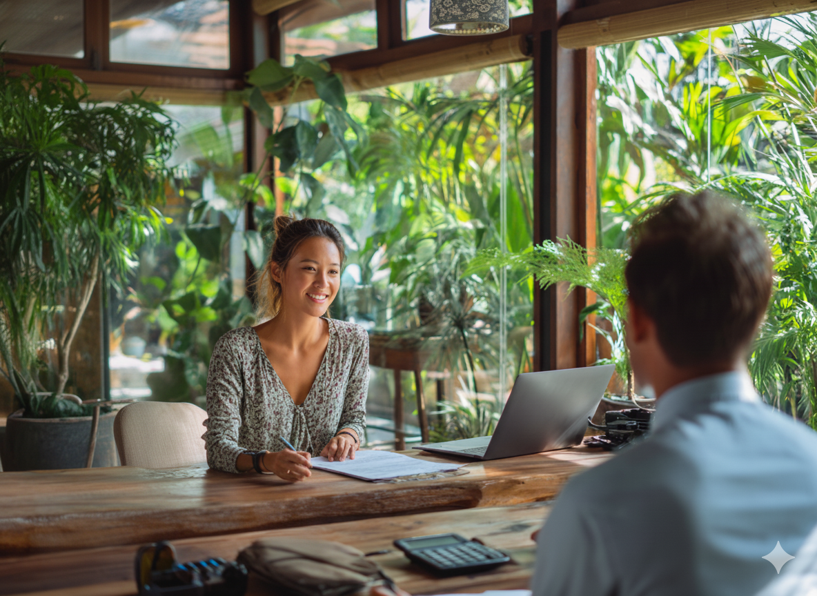 Smiling expat freelancer in Bali meeting with an accountant, showing how outsourced bookkeeping services helped maintain KITAS compliance and stress-free finances