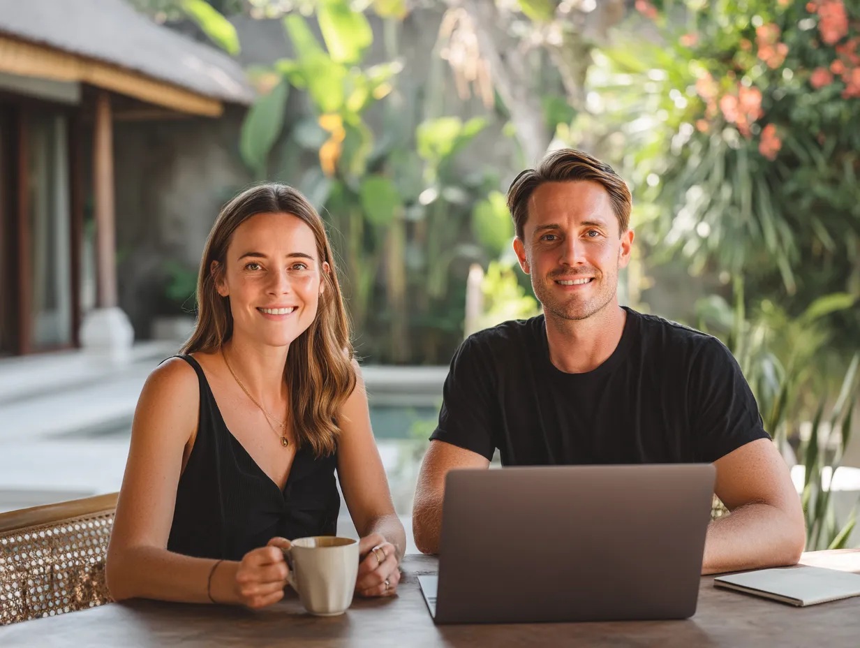 Smiling foreign entrepreneurs in Bali sitting at a villa workspace with a laptop and coffee, confidently managing finances using digital accounting tools