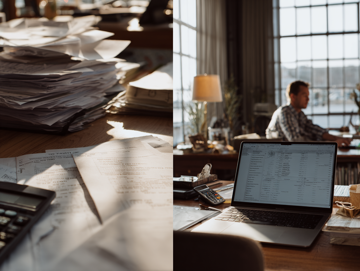 Accounting office in Bali with financial reports, tax documents, and receipts showing common mistakes villa owners make in Bali tax reporting.