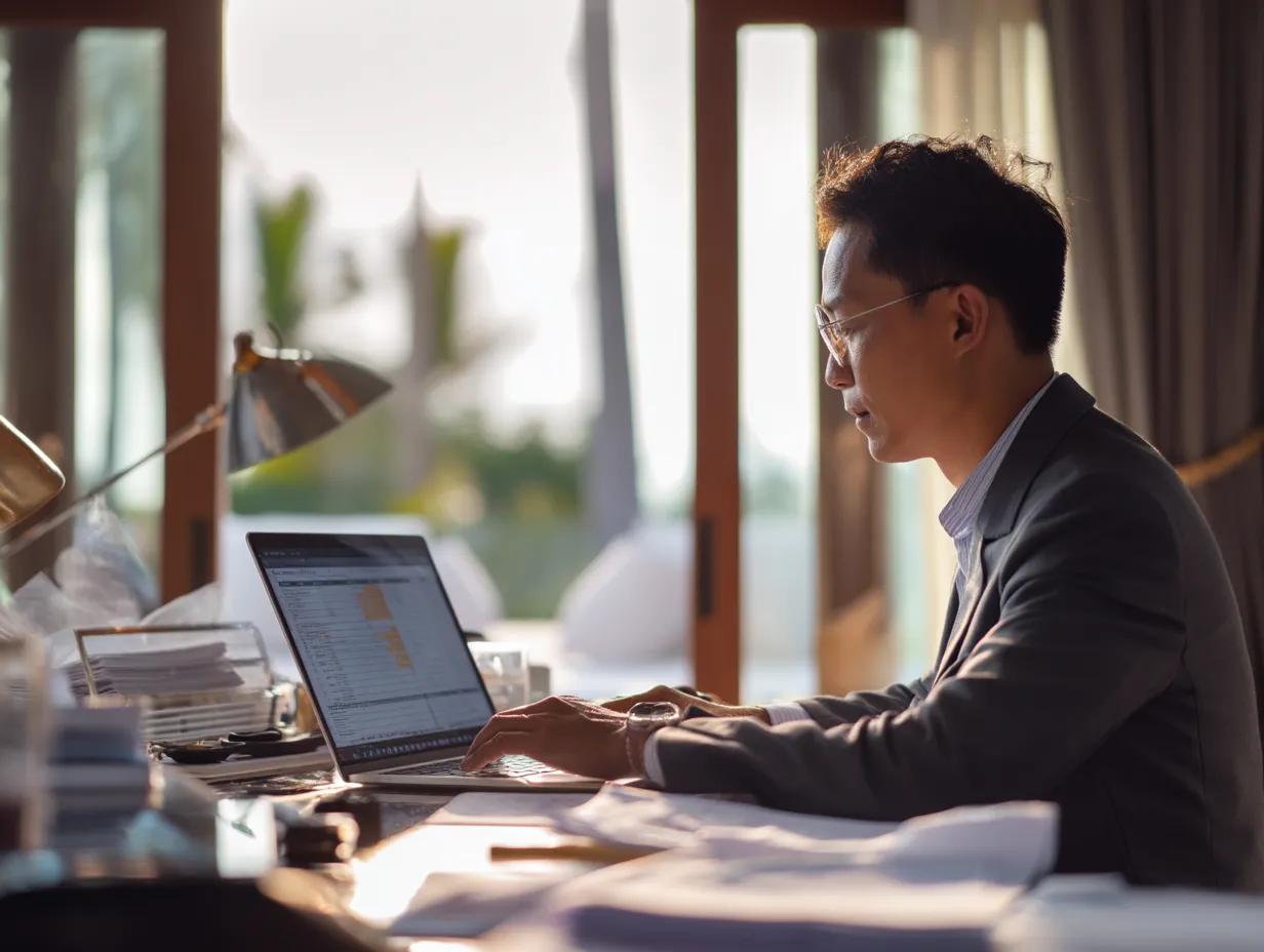 Professional accountant working on Coretax DJP authorization in Bali villa office with sunlight filtering through large windows
