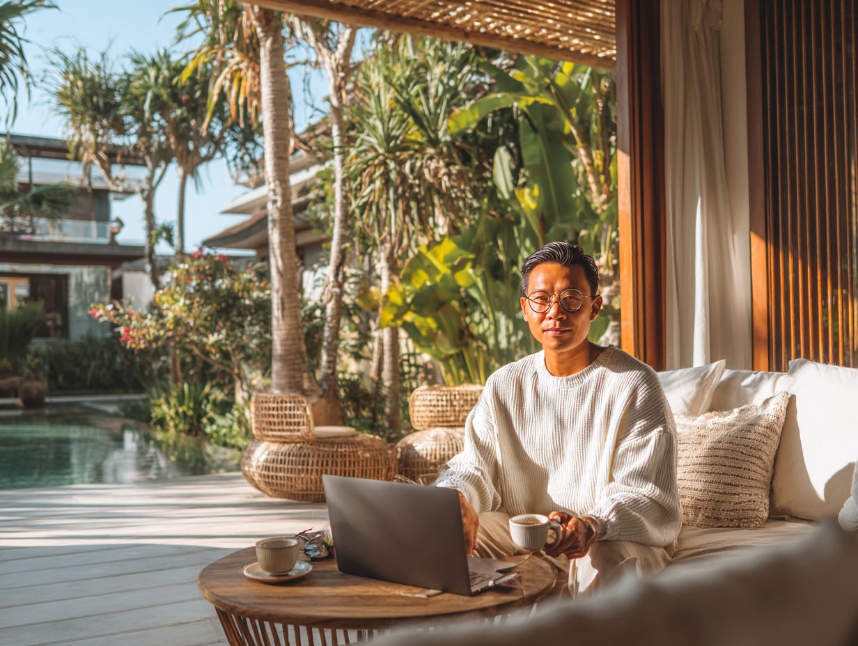Foreign entrepreneur in Bali villa working remotely on tax compliance documents, showing best practices for managing villa rental tax efficiently.