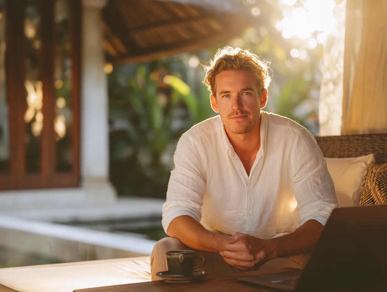 Foreign entrepreneur in Bali working remotely at a tropical villa with a laptop and coffee during sunset
