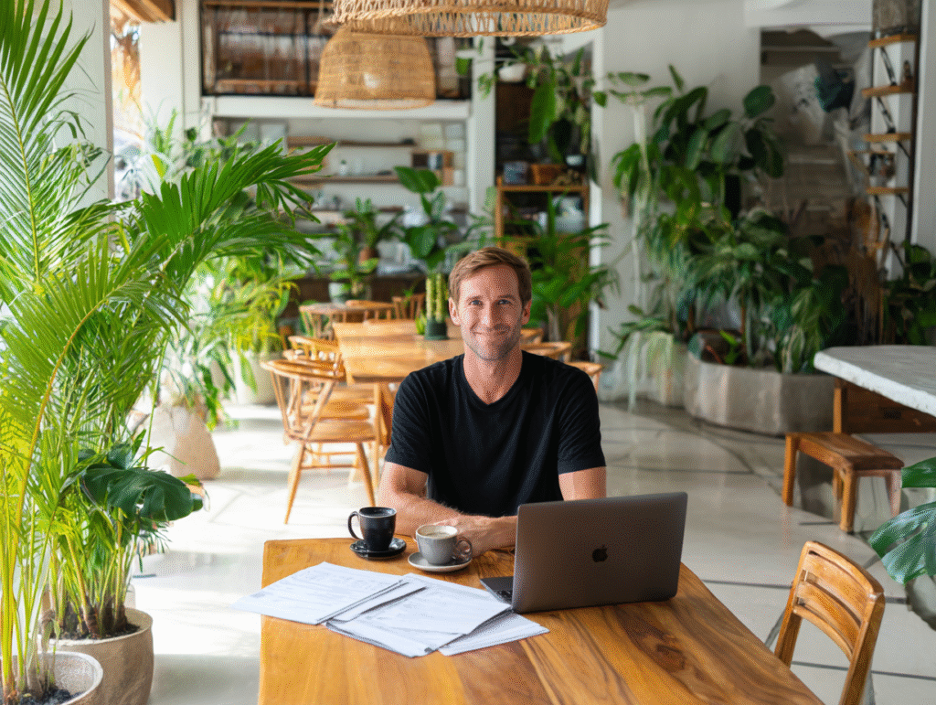Foreign expat in Bali working on laptop with accountant, representing personal income tax rules and compliance for foreigners in Indonesia.