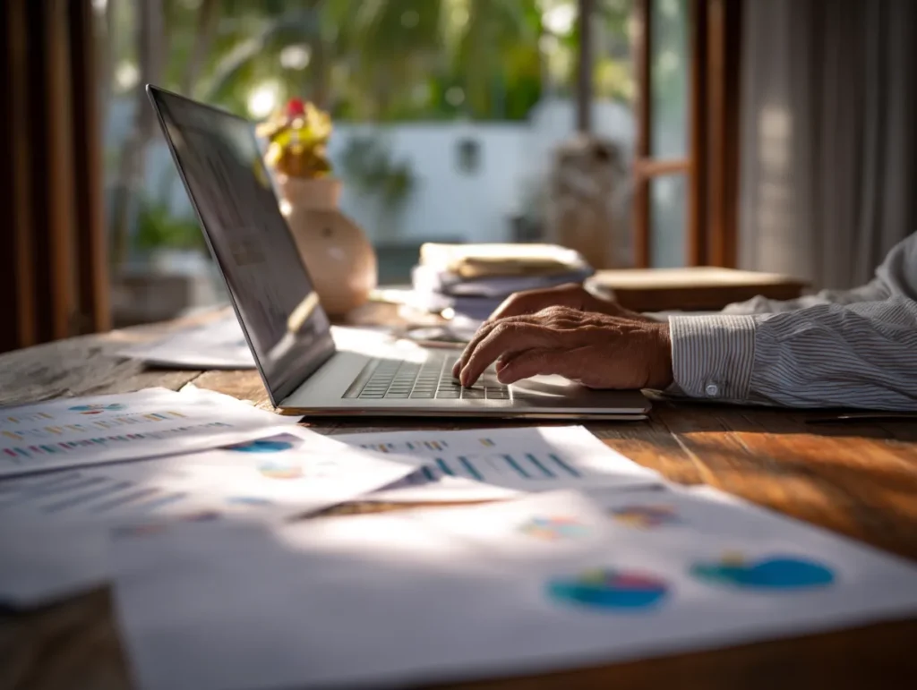 Foreign entrepreneur in Bali reviewing PT PMA compliance documents, including SPT Tahunan, LKPM, and tax registrations.