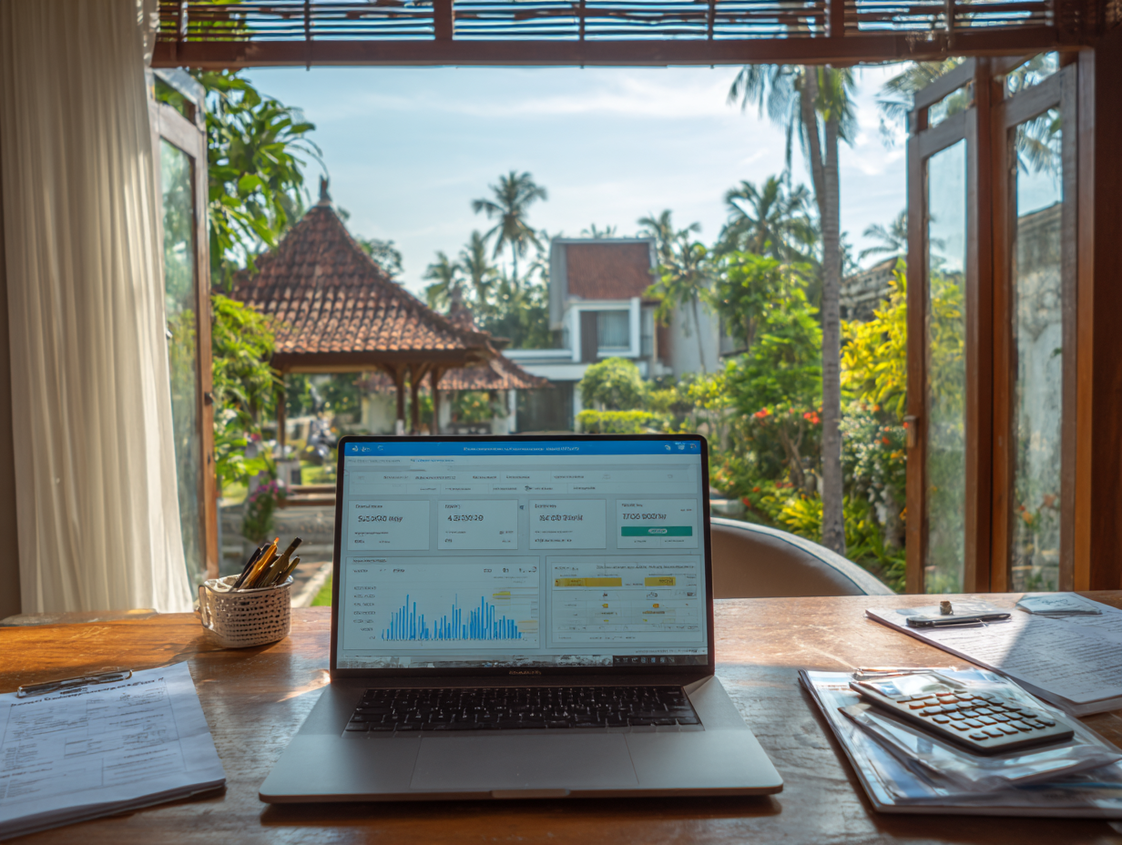 Accounting office desk in Bali with organized tax documents, spreadsheets, and audit data, showing the importance of accurate Bali tax reporting for villa owners.