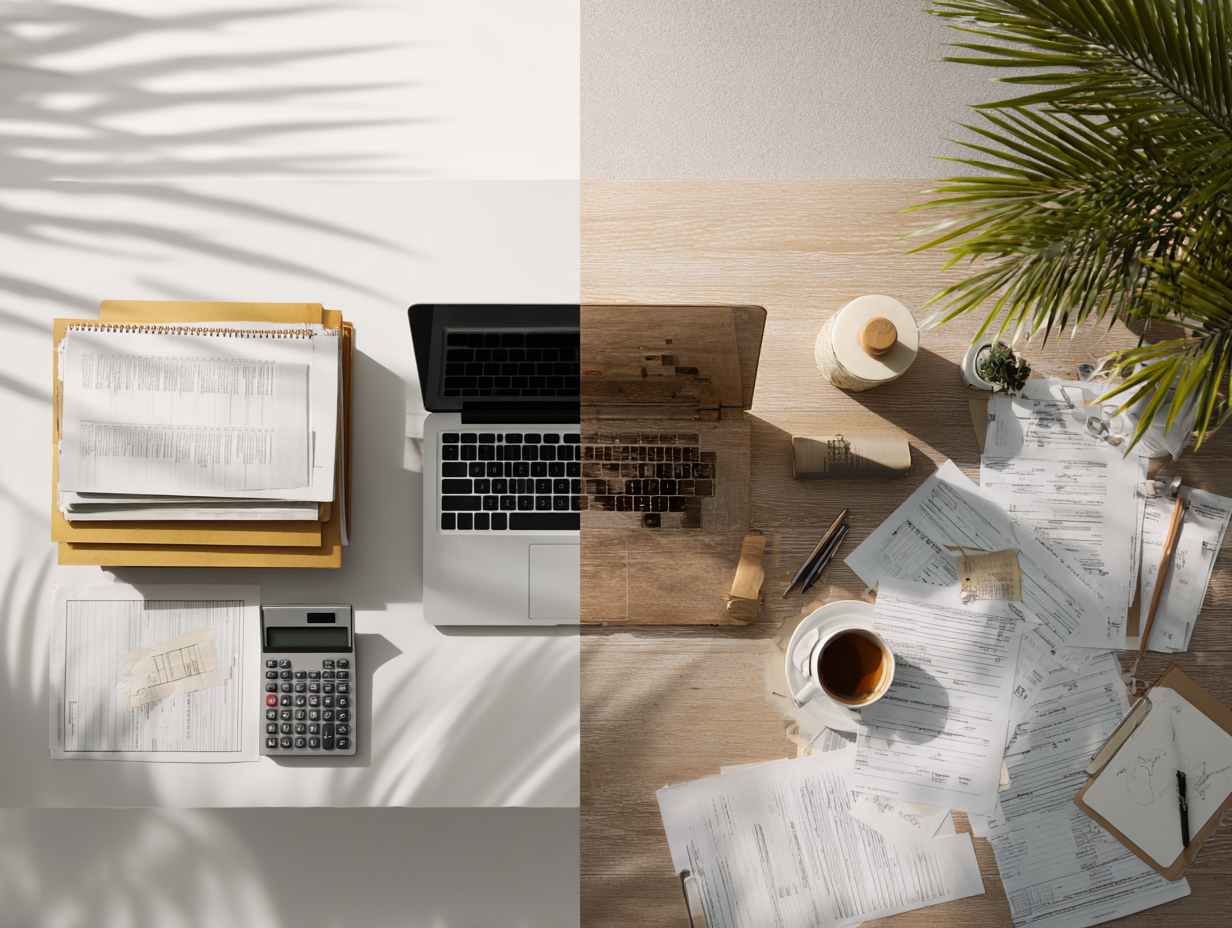 Stressed expat business owner in Bali surrounded by receipts, invoices, and tax documents showing bookkeeping challenges without professional support