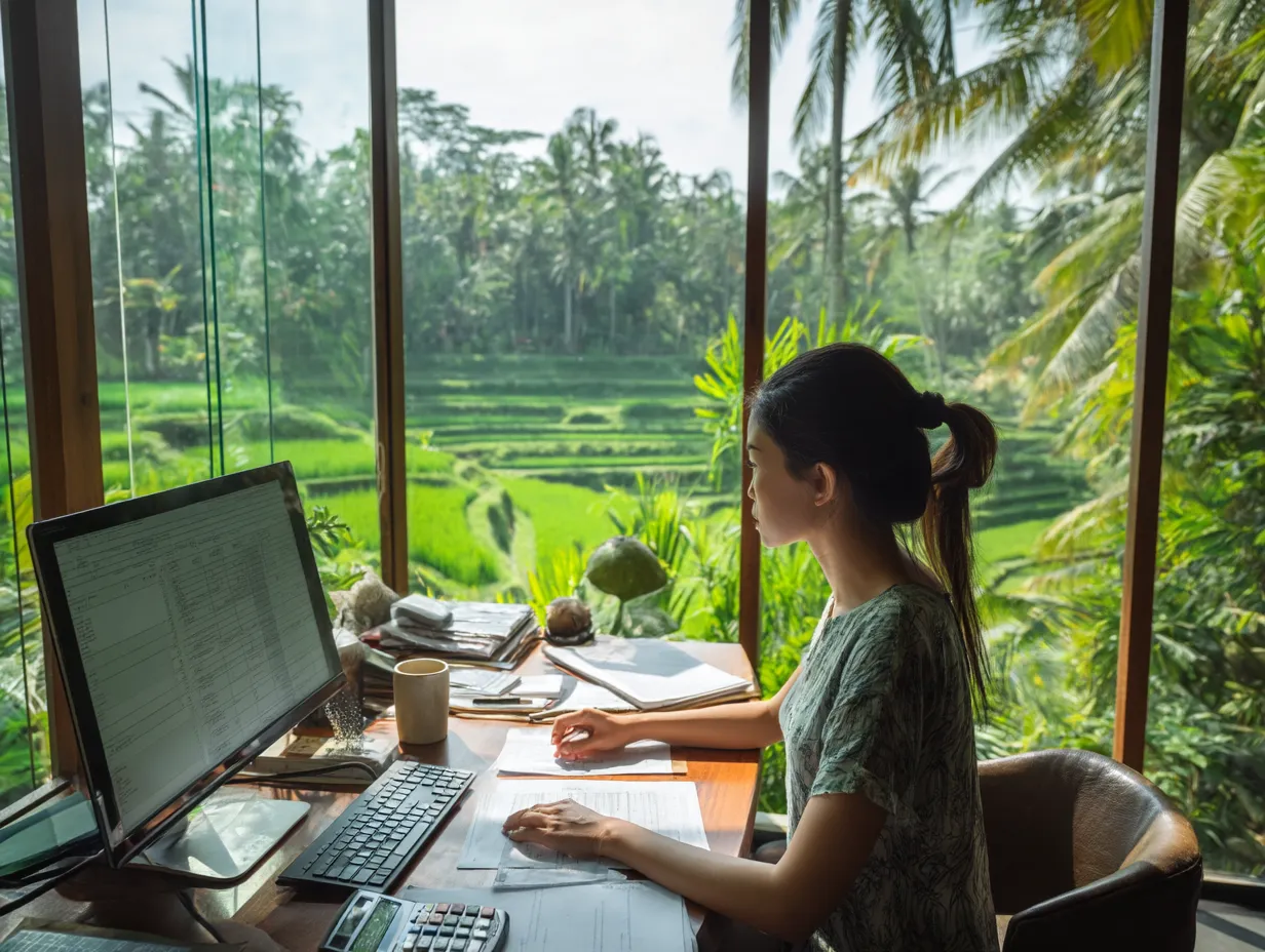 Foreign entrepreneur in Bali reviewing PT PMA annual tax filing documents, including SPT Tahunan, corporate tax, and VAT.