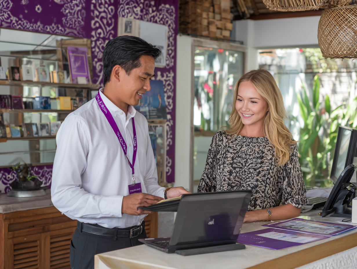 Digital nomad woman in Canggu Bali consulting with outsourced accounting service, highlighting how professional help solved double taxation and KITAS renewal issues.