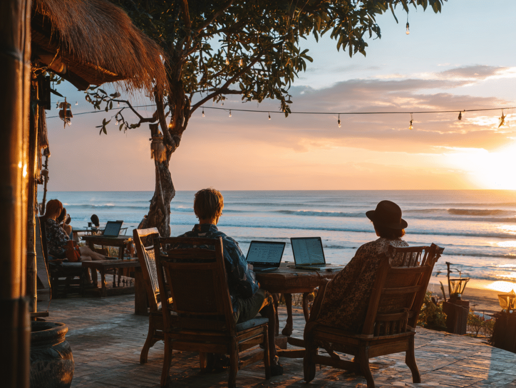 Expat in Bali working on laptop at a tropical café, symbolizing foreign residents managing personal income tax compliance in Indonesia.