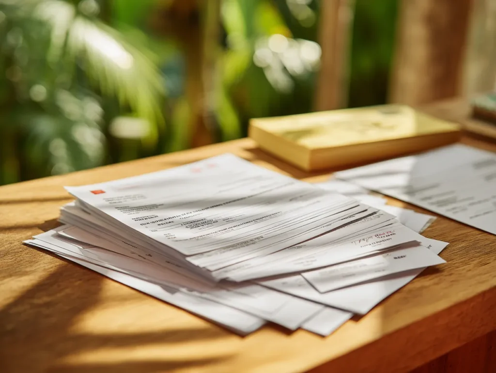 Stack of printed financial documents and invoices on a wooden desk in a tropical Bali office with natural sunlight
