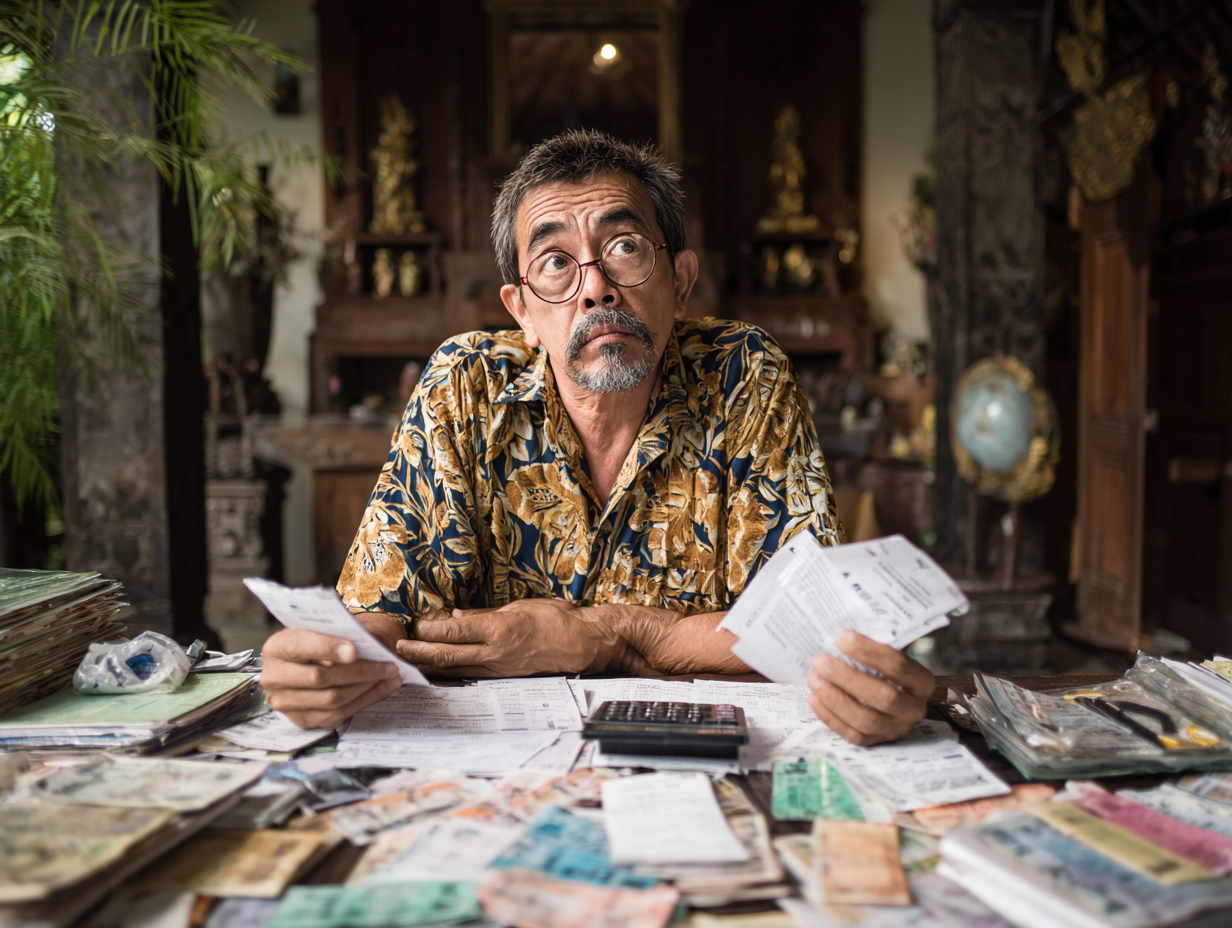 Disorganized accounting desk in a Bali villa management office showing scattered documents and receipts, symbolizing financial confusion without proper accounting SOPs.