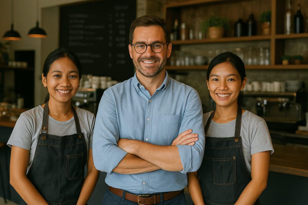 Foreign entrepreneur in Bali working on PT PMA setup and accounting services, with laptop, financial reports, and tropical villa background ๐ด