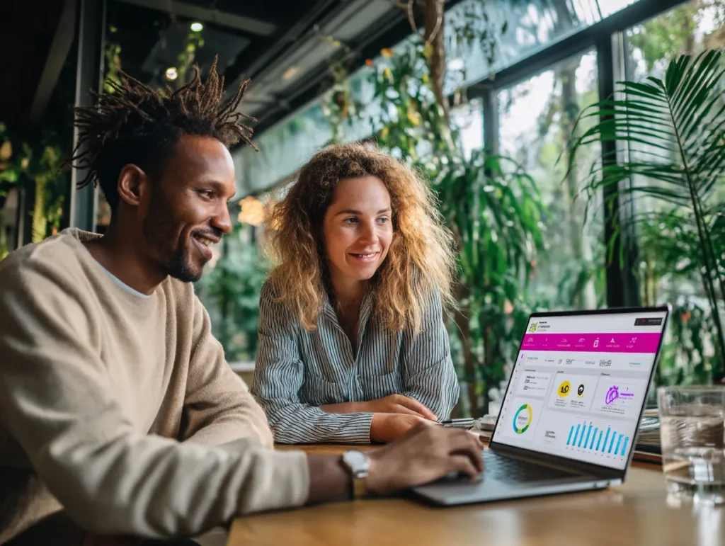 Two entrepreneurs analyzing Coretax DJP dashboard on laptop in a modern Bali coworking space surrounded by greenery
