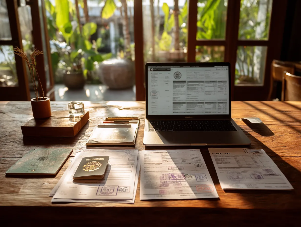 Laptop displaying tax forms with passport and visa documents on a wooden desk in a Bali villa office with sunlight