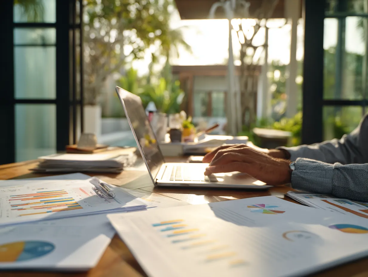 Foreign entrepreneur in Bali reviewing PT PMA annual financial statements and SPT Tahunan for corporate tax compliance.