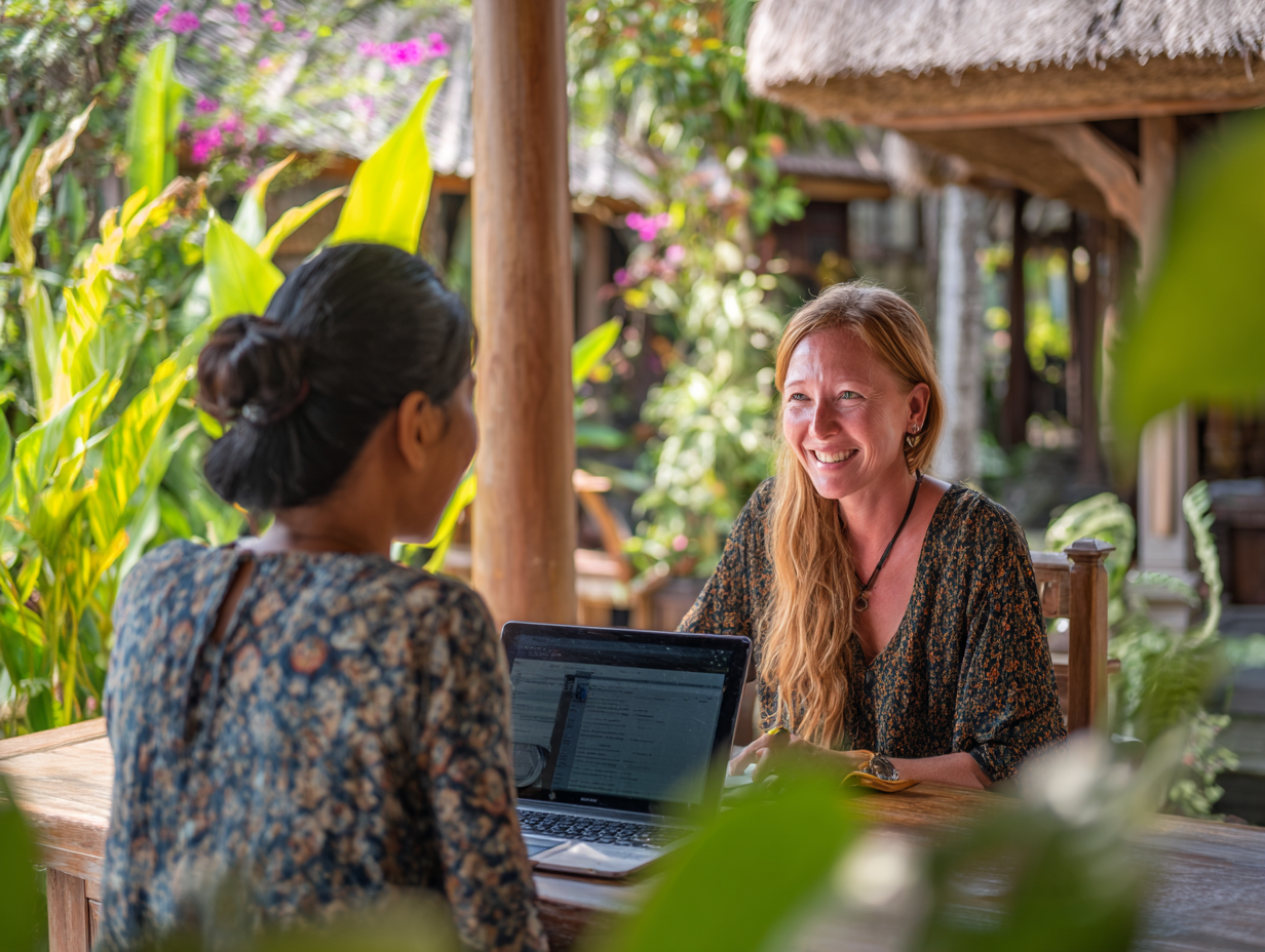 British expat villa owner in Ubud working with Balinese accountants to fix HR compliance, manage payroll software, and allocate budgets for staff training