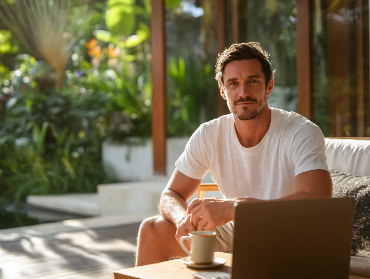 Confident entrepreneur working remotely on laptop with coffee at tropical Bali villa surrounded by lush greenery
