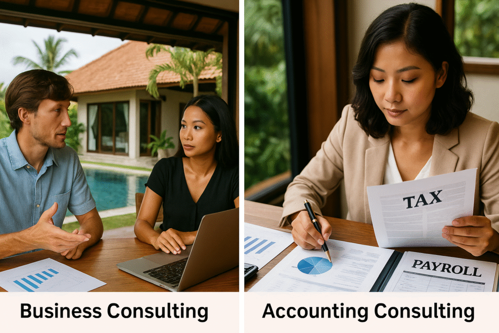 Split image comparing business consulting vs accounting consulting in Bali for expats, showing strategy planning on one side and tax compliance on the other.