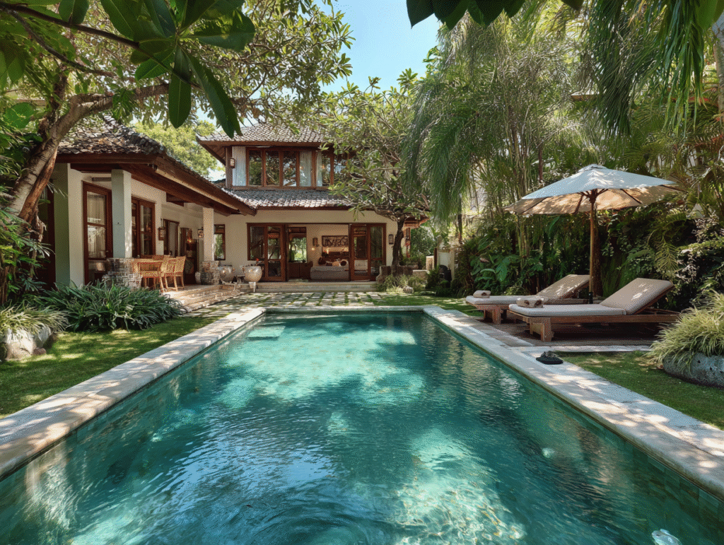 Luxury villa in Bali with tropical garden and private pool, representing foreign ownership and tax obligations such as property tax, villa tax, and potential Luxury Tax.
