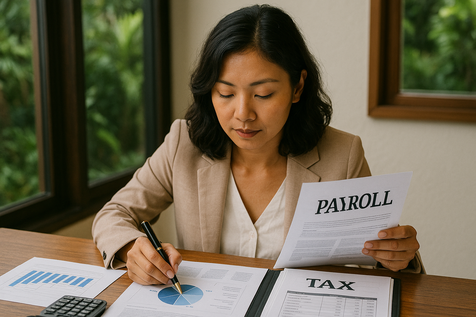 Accounting consultant in Bali reviewing financial reports, tax documents, and payroll records, highlighting the importance of compliance for PT PMA companies.