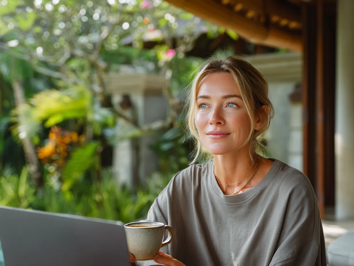 German entrepreneur in Ubud consulting a Bali tax expert about PT PMA VAT registration, Faktur Pajak, and annual tax compliance.