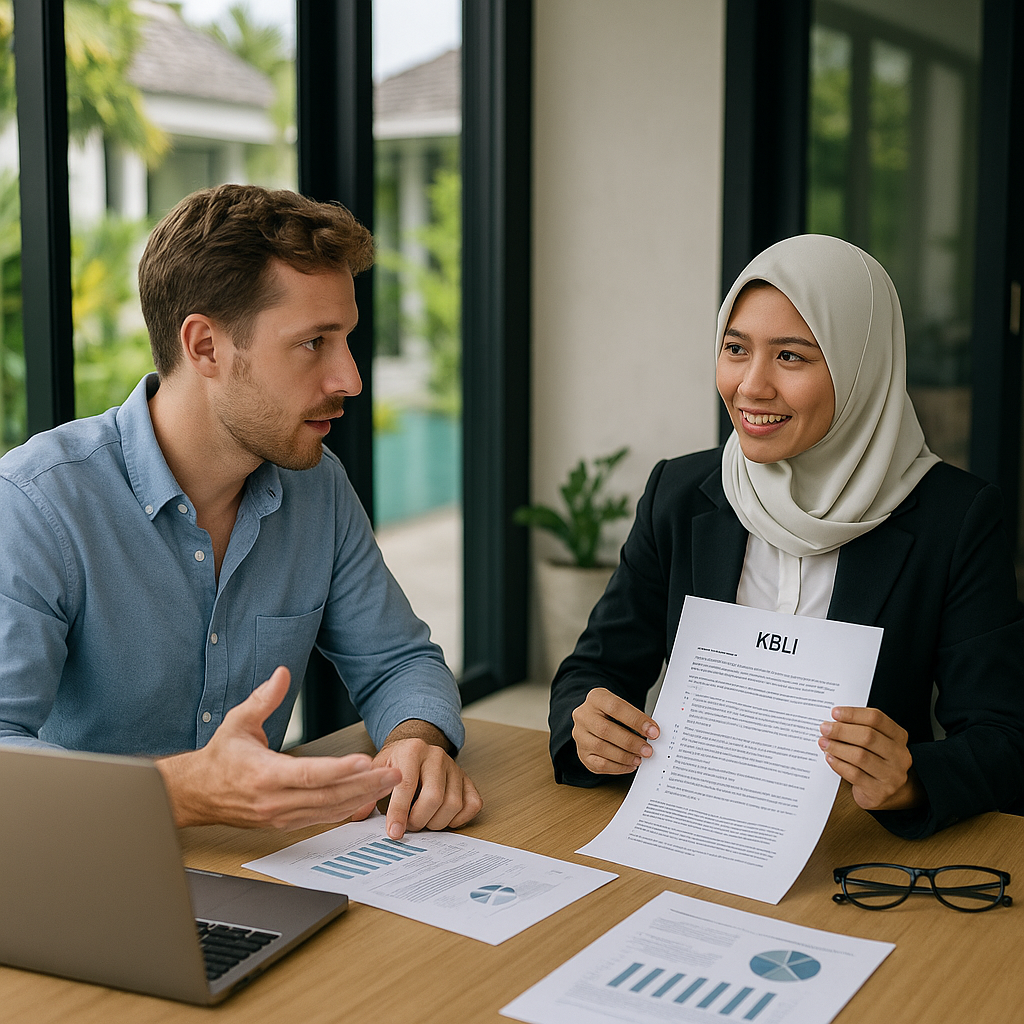 Foreign entrepreneur in Bali discussing PT PMA setup with an Indonesian accountant, highlighting the impact of KBLI code changes on business compliance.