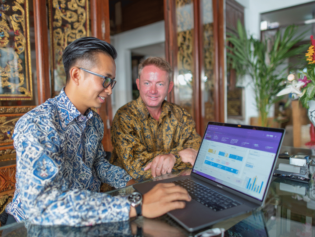 Foreign business owner in Bali consulting with a local accountant about E-Faktur VAT reporting requirements in Indonesia for 2026.