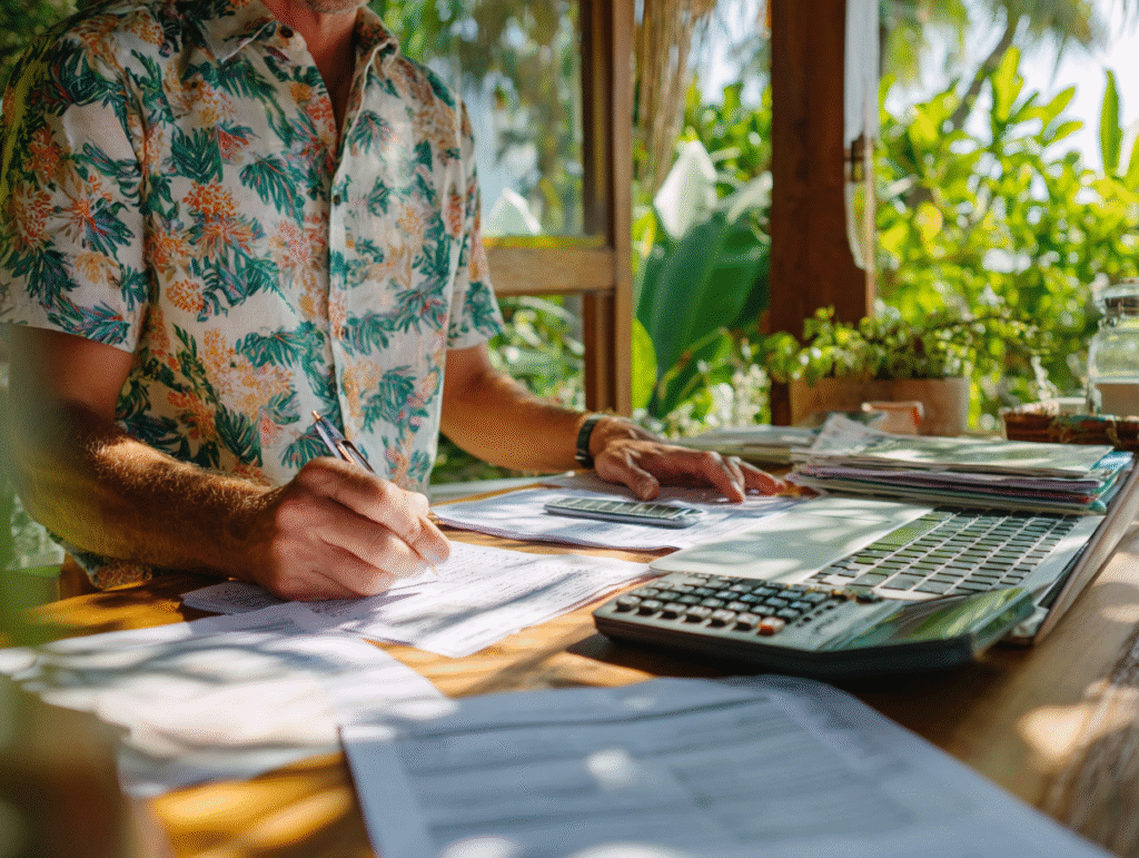 Foreign business owners in Bali working with accountants to review financial reports such as profit and loss, balance sheet, and cash flow for compliance