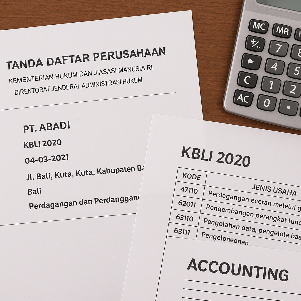 Sample PT PMA registration documents with KBLI codes in Indonesia, showing the link between business classification and accounting requirements in Bali.