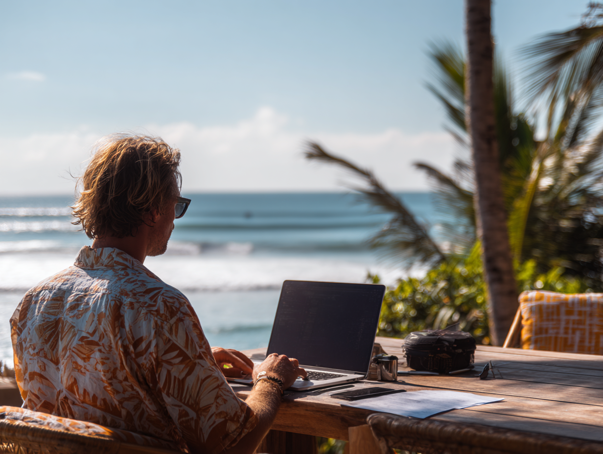 Expat café owner in Seminyak meeting with Bali accounting consultants to fix KBLI code updates, ensuring PT PMA compliance and avoiding penalties.