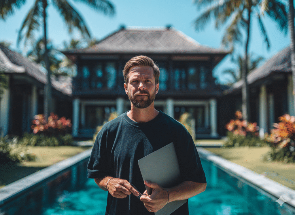 Foreign investor in Bali meeting with accountant about tax amnesty programs, villa ownership, and PT PMA business compliance.