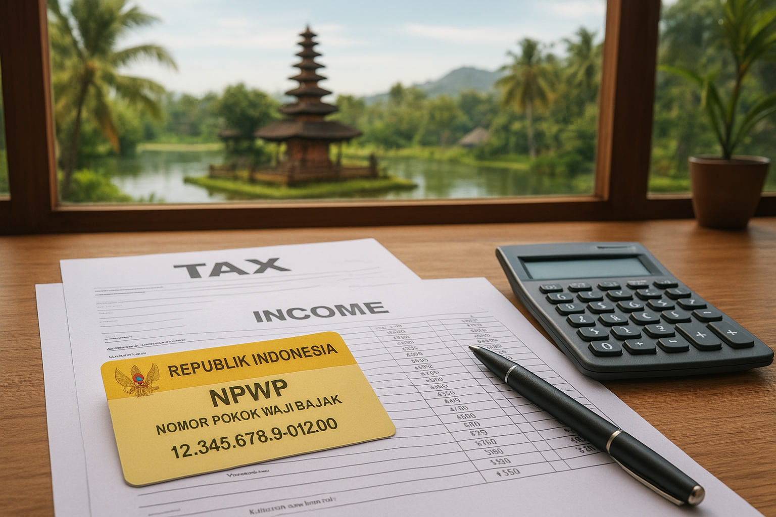 Tax documents, NPWP card, and financial records on a desk in Bali, symbolizing key basics of tax compliance for expats and property owners.