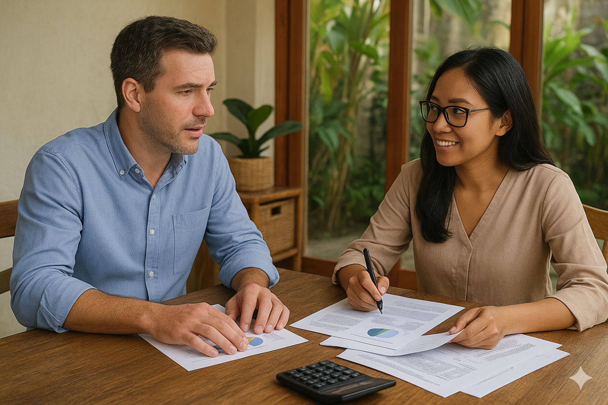 Australian expat discussing villa rental income with Bali accounting consultant, illustrating a real case of joining tax amnesty programs to clear compliance issues.