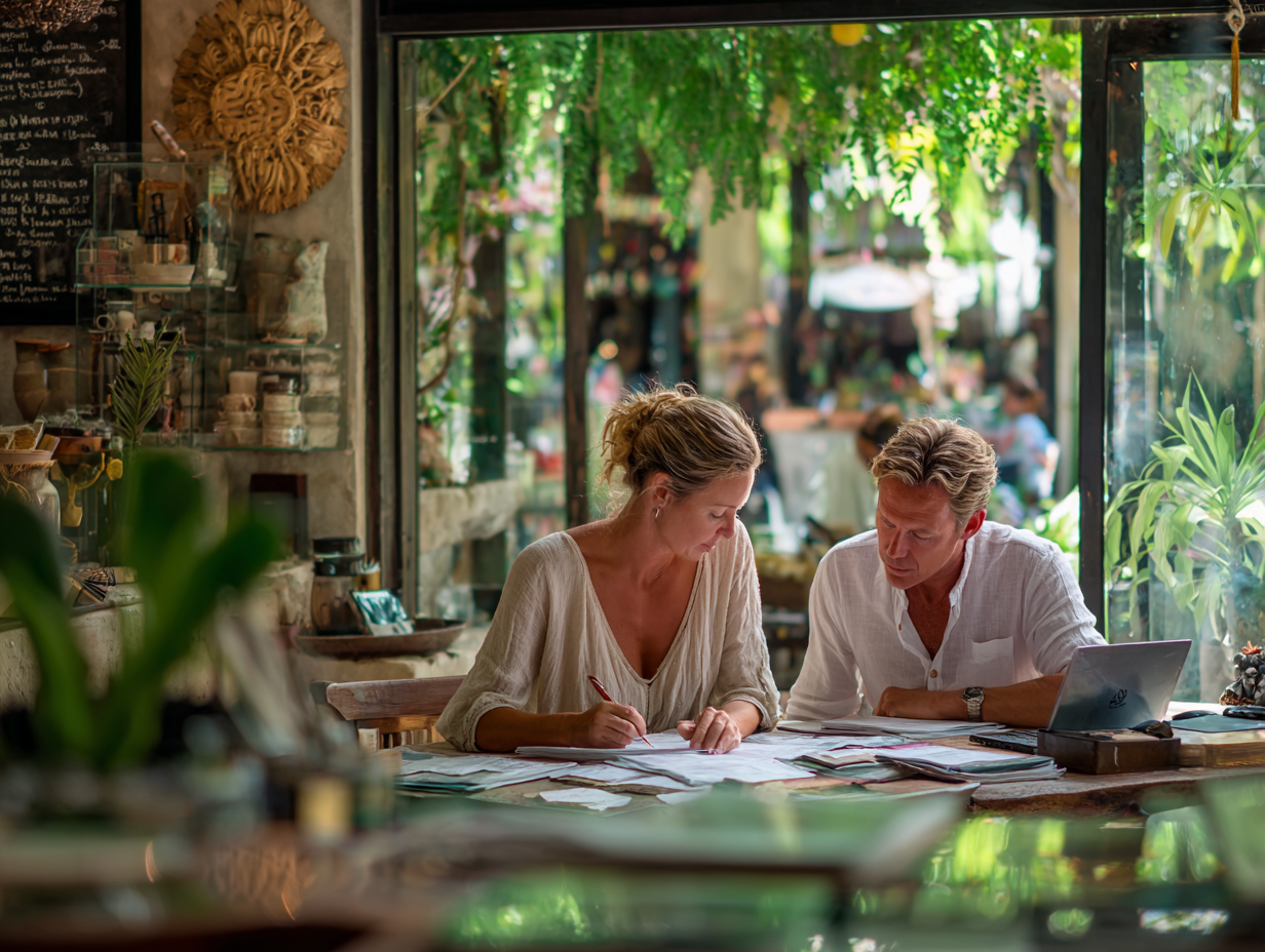 German businesswoman in Ubud receiving her NPWP card from a Bali accountant, highlighting successful registration and tax compliance support.