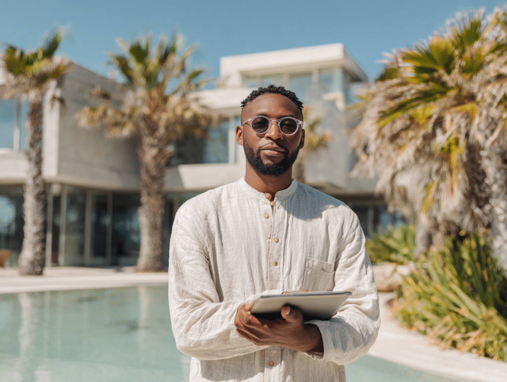 Foreign villa owner standing in front of a luxury Bali villa reviewing financial reports under bright tropical daylight, representing professional accounting support for villa businesses in Bali.
