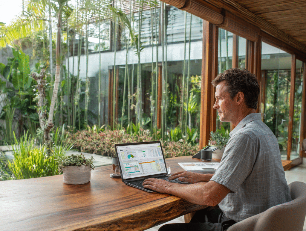 Cloud accounting software dashboard on laptop used by a foreign entrepreneur in a Bali villa office with tropical garden view.